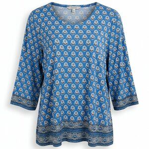 J Jill Blue Border Print Boho Tunic Top Floral 3/4 Sleeve Scoop Neck 4X